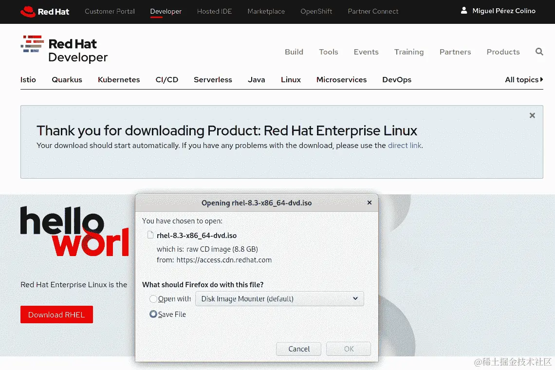 图 1.6 - 下载 x86_64 的 RHEL8 对话框