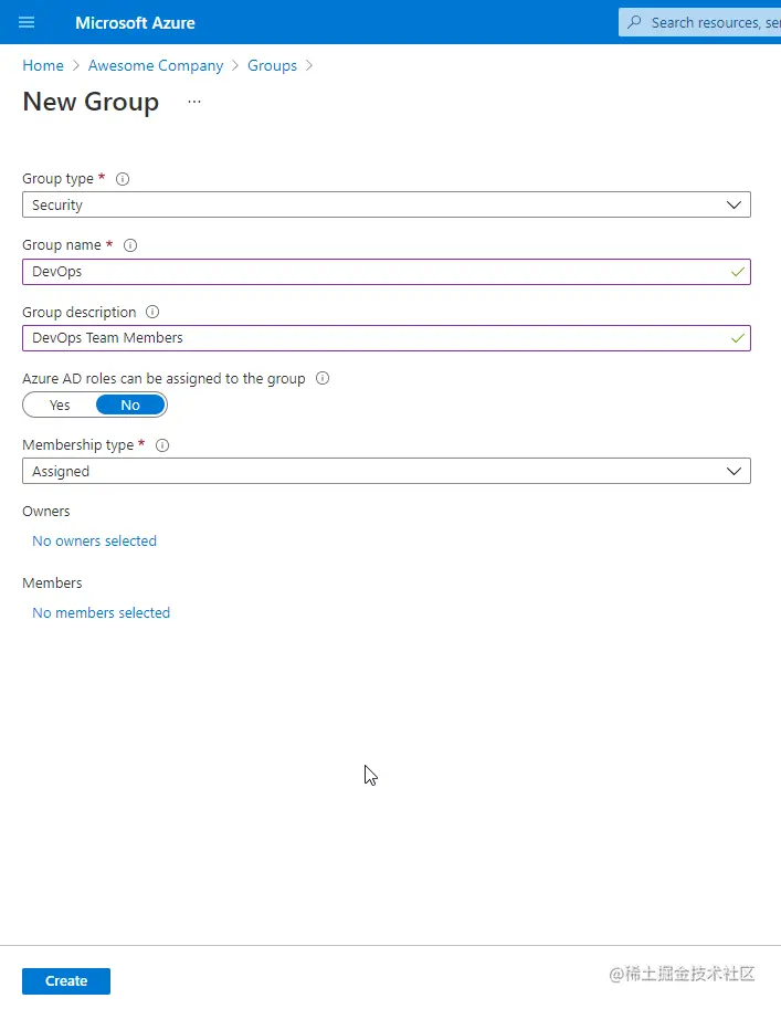 azure new group settings