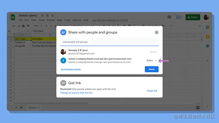 Giving the service email editor privileges in the Google Sheet