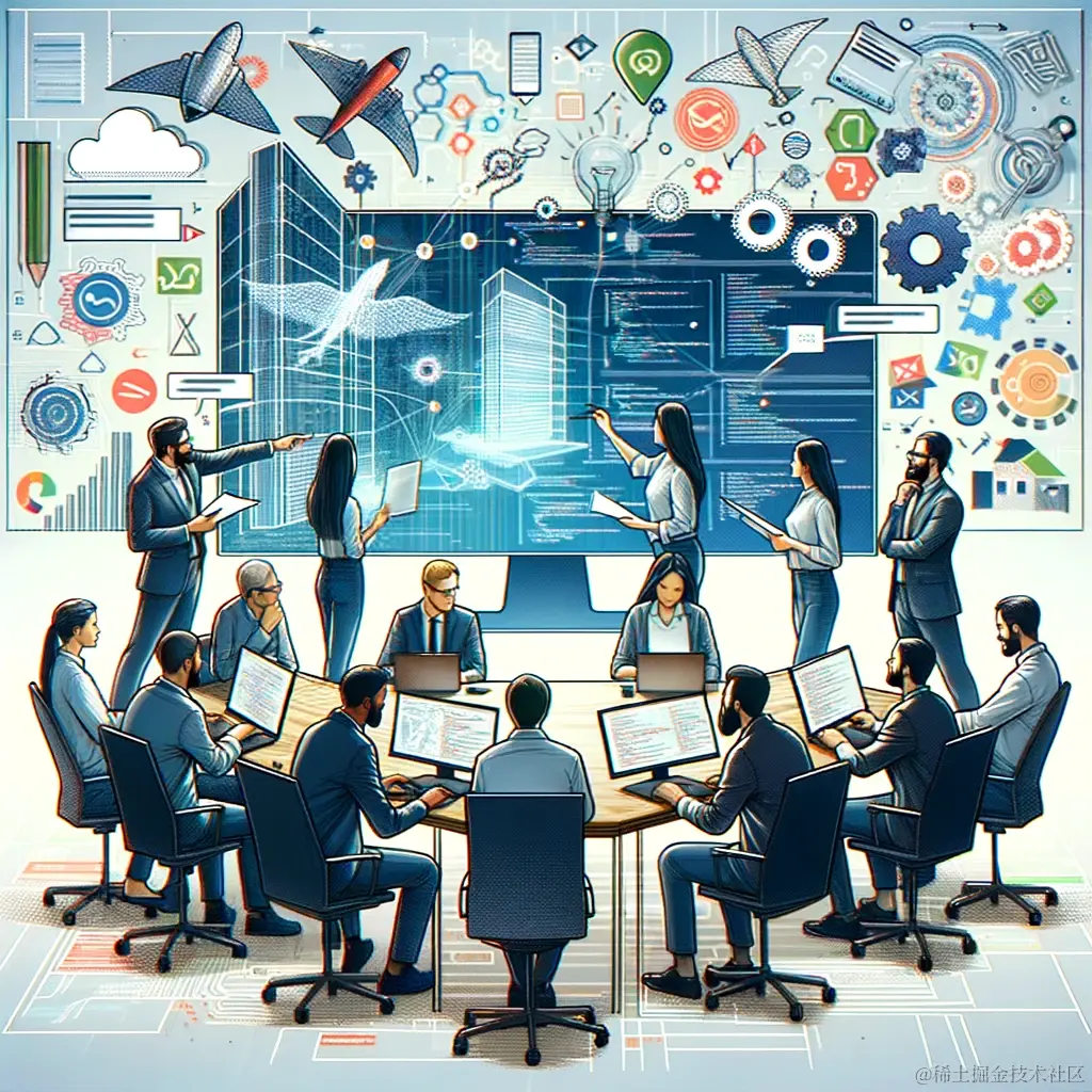 DALL·E 2024-02-16 15.06.40 - An illustration depicting the integration of engineering thinking into software development. The image should show a diverse team of software develope.webp