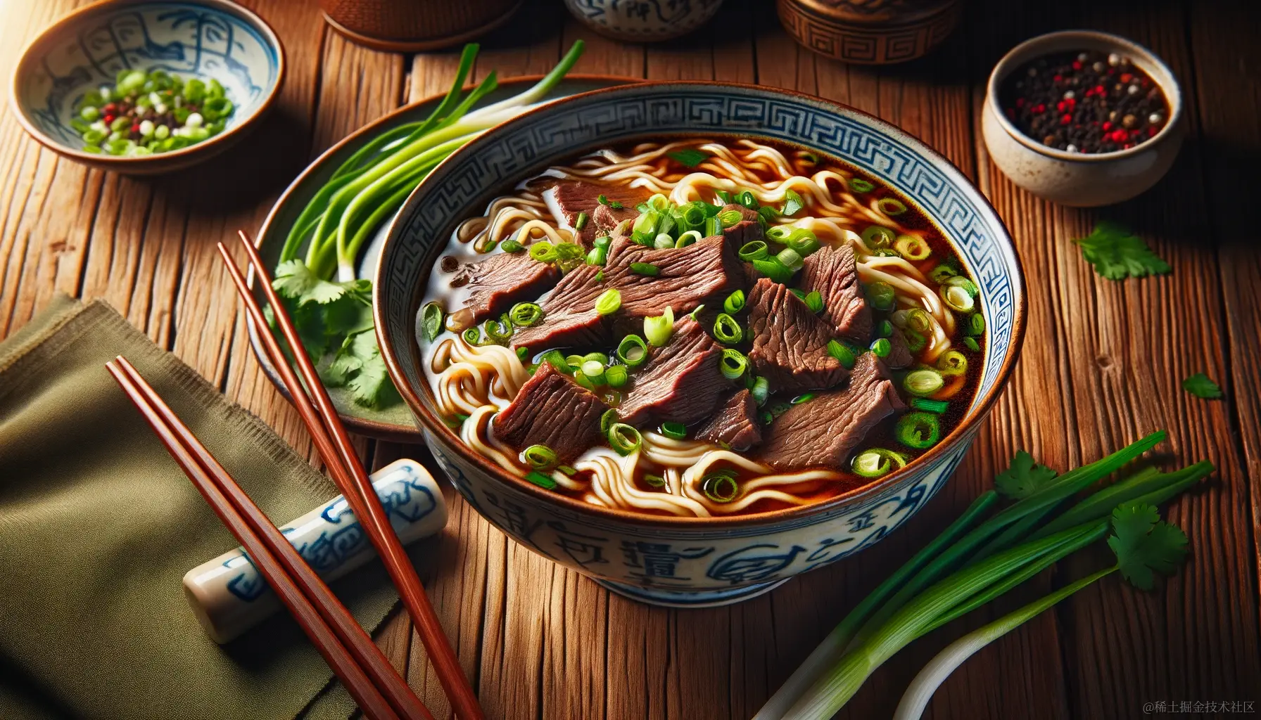 DALL·E 2023-12-23 17.33.18 - A wide-angle view of a sumptuous bowl of beef noodles, featuring a rich, steaming broth and tender slices of beef. The noodles are cooked to perfectio.png
