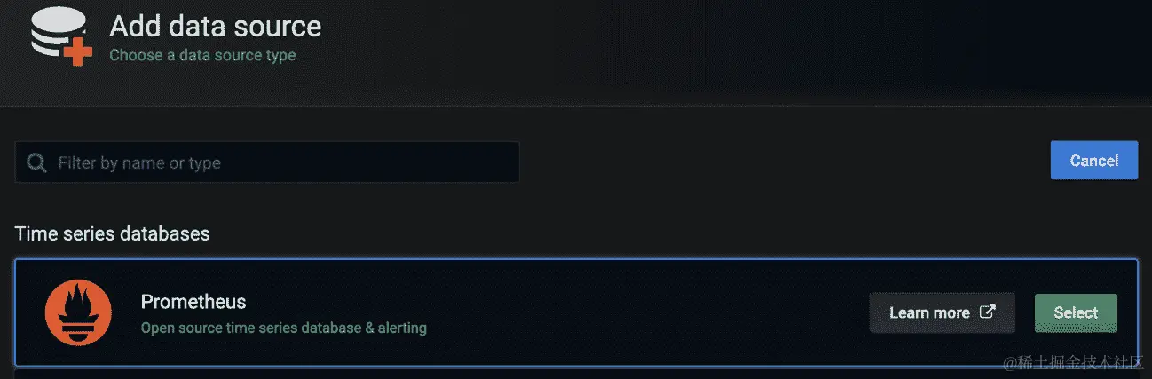 图 15.10：选择 Prometheus 作为 Grafana 仪表板的数据源