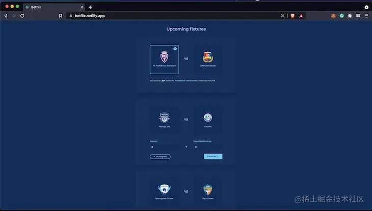 Betflix App Showing Sport Teams To Be Chosen