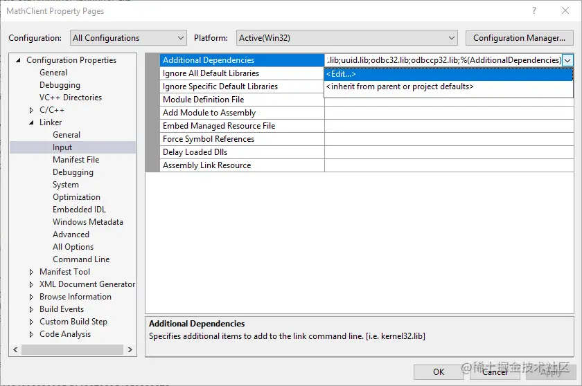 Screenshot of the Property Pages dialog showing the Edit command in the Linker > Input > Additional Dependencies property drop-down.