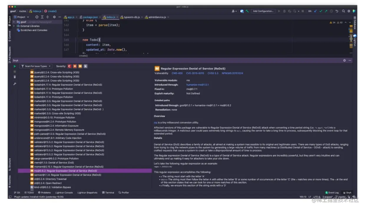 Snyk Open Source security intellij plugin showing a regular expression denial of service vulnerability in ms npm package