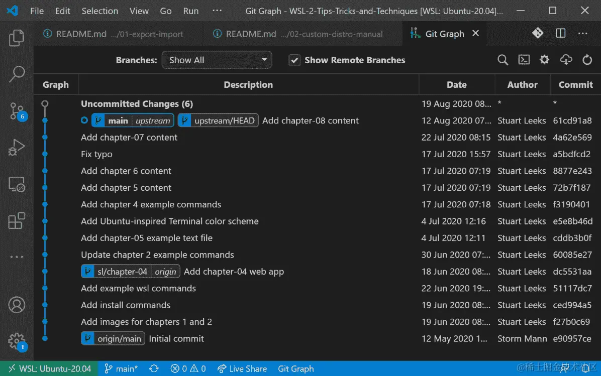 图 9.17 - 显示在 Visual Studio Code 中的 Git Graph 扩展