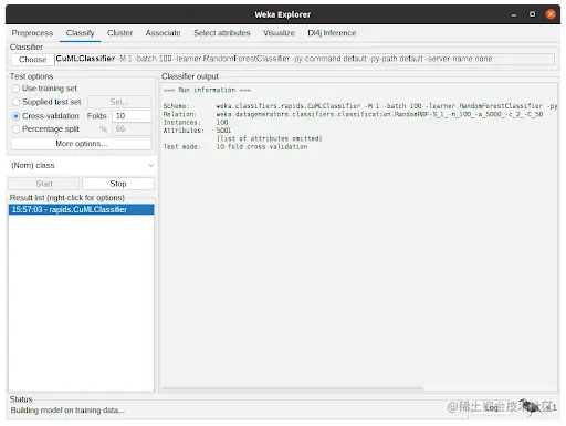 Screenshot of WEKA Classify tab with Random Forest Classifier running. The output shows information about the classifier being used.