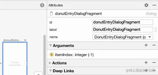 点击目的地可以显示其属性，我们可以在属性栏中创建一个新的深层链接来导航到这个目的地