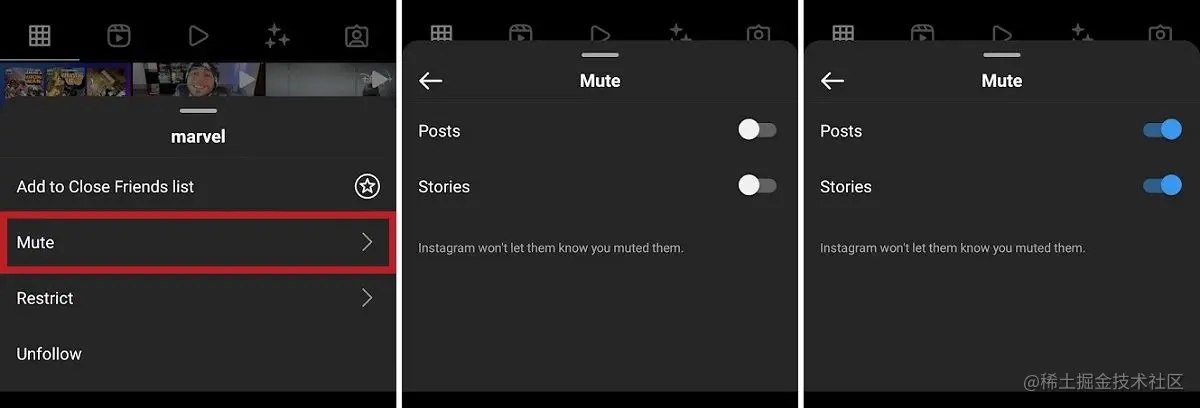 instagram 上的静音按钮位置