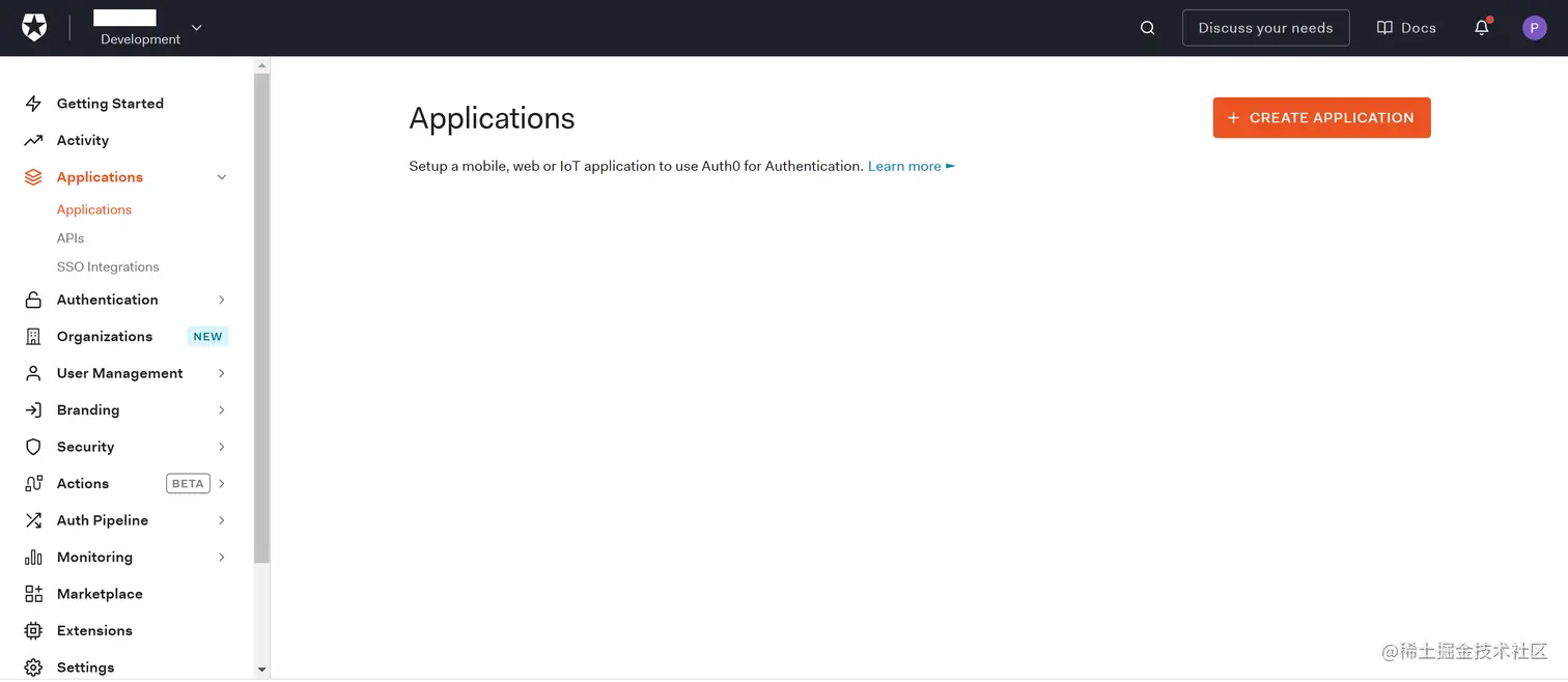 Applications section in the Auth0 Dashboard