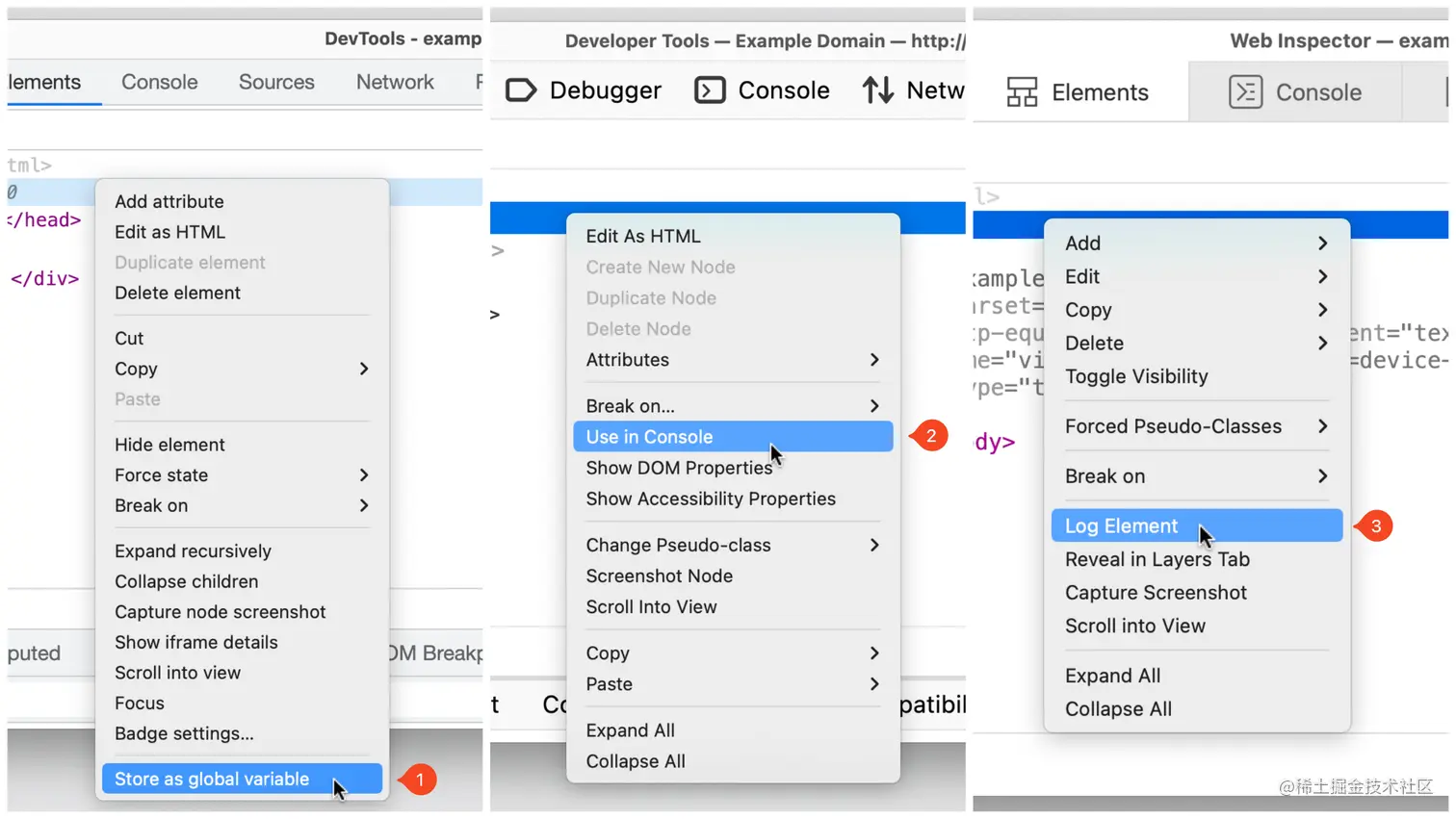 所有三个浏览器中的 DevTools 上下文菜单的屏幕截图。