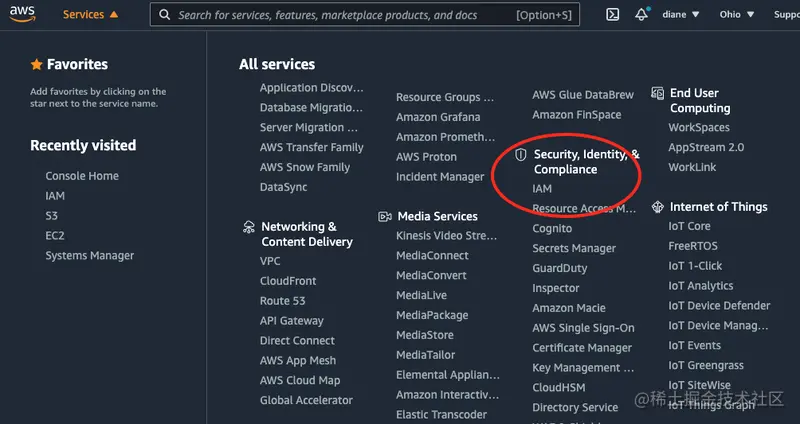 AWS dashboard with Services tab opened to see the Security, Identity, and Compliance section with IAM underneath