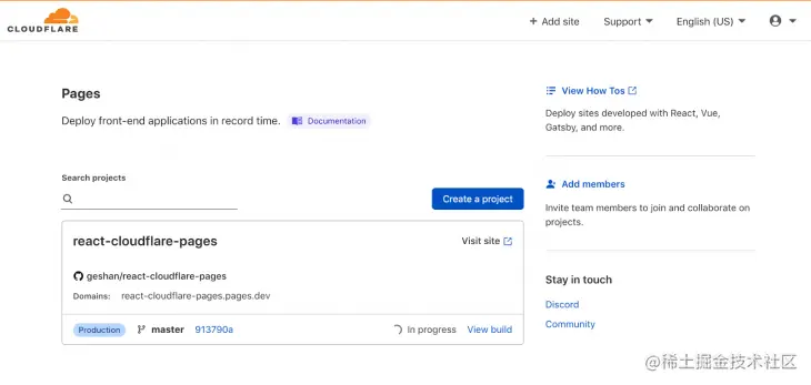 Screenshot of Cloudflare Pages with Github repo under Pages section