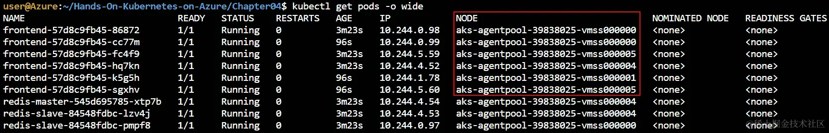执行 kubectl get pods -o wide 命令会显示 Pod 所在的节点。