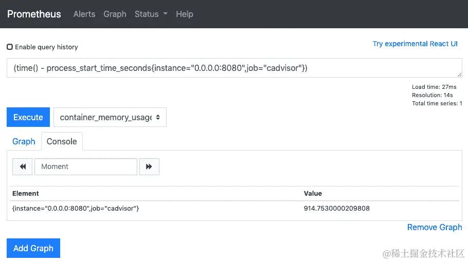 图 13.10：来自表达式浏览器的 cAdvisor 正常运行时间