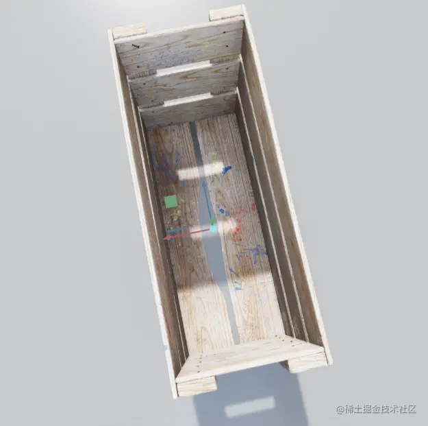 Image of an empty fruit crate, showing the beginnings of a Replicator scene, with the fruit crate placed in the center of the screen, from a bird’s-eye view.