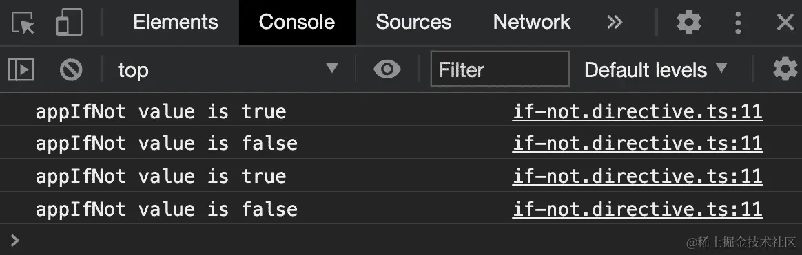 图 2.5 - 控制台日志显示 appIfNot 指令值的更改