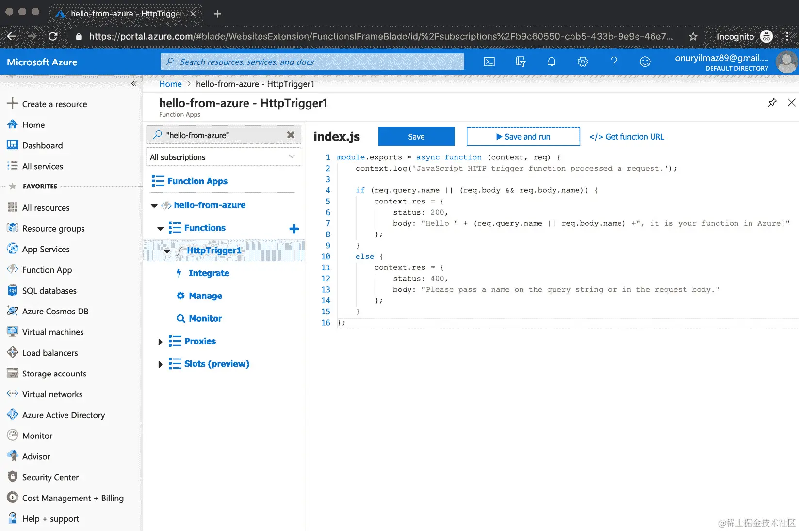 图 2.22：hello-from-azure 函数的 index.js
