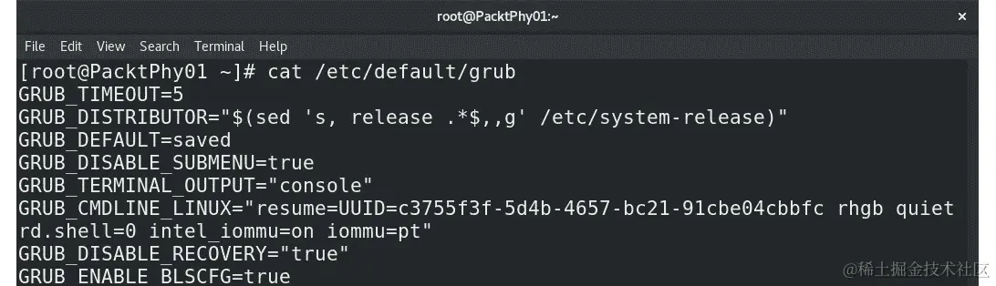 图 6.4 - 向 GRUB 文件添加 intel_iommu iommu=pt 选项