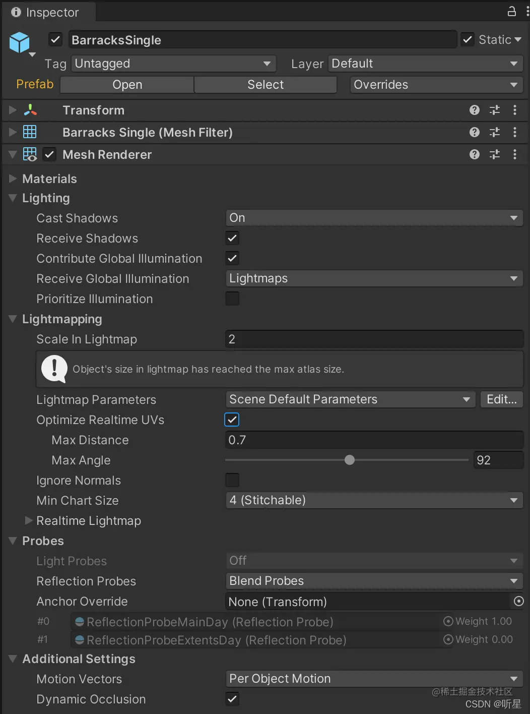 优化实时 UV 位于 Mesh Renderer 组件内的 Lightmapping 折页中。