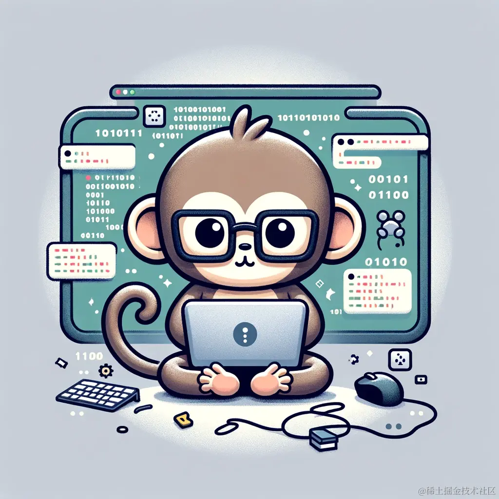 Create a whimsical and creative avatar for a WeChat public account named "一个程序猿的异常" (An Programmer's Exception). The avatar should feature a playful monkey (symbolizing "程序猿", which means programmer in Chinese and is a pun on "猿", the Chinese word for monkey) wearing glasses and sitting in front of a computer with code on the screen. The monkey should appear to be in the midst of coding, with a curious and focused expression on its face. Surround the monkey with subtle digital or coding elements, such as binary code or small icons of programming languages, to hint at the nature of the account. The style should be modern, appealing to tech enthusiasts and developers, with a blend of humor and professionalism.