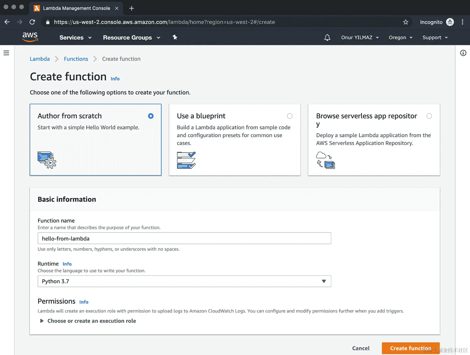 图 2.4：AWS Lambda - 创建函数视图