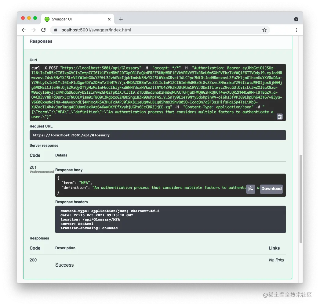 Successful response to creating a new term