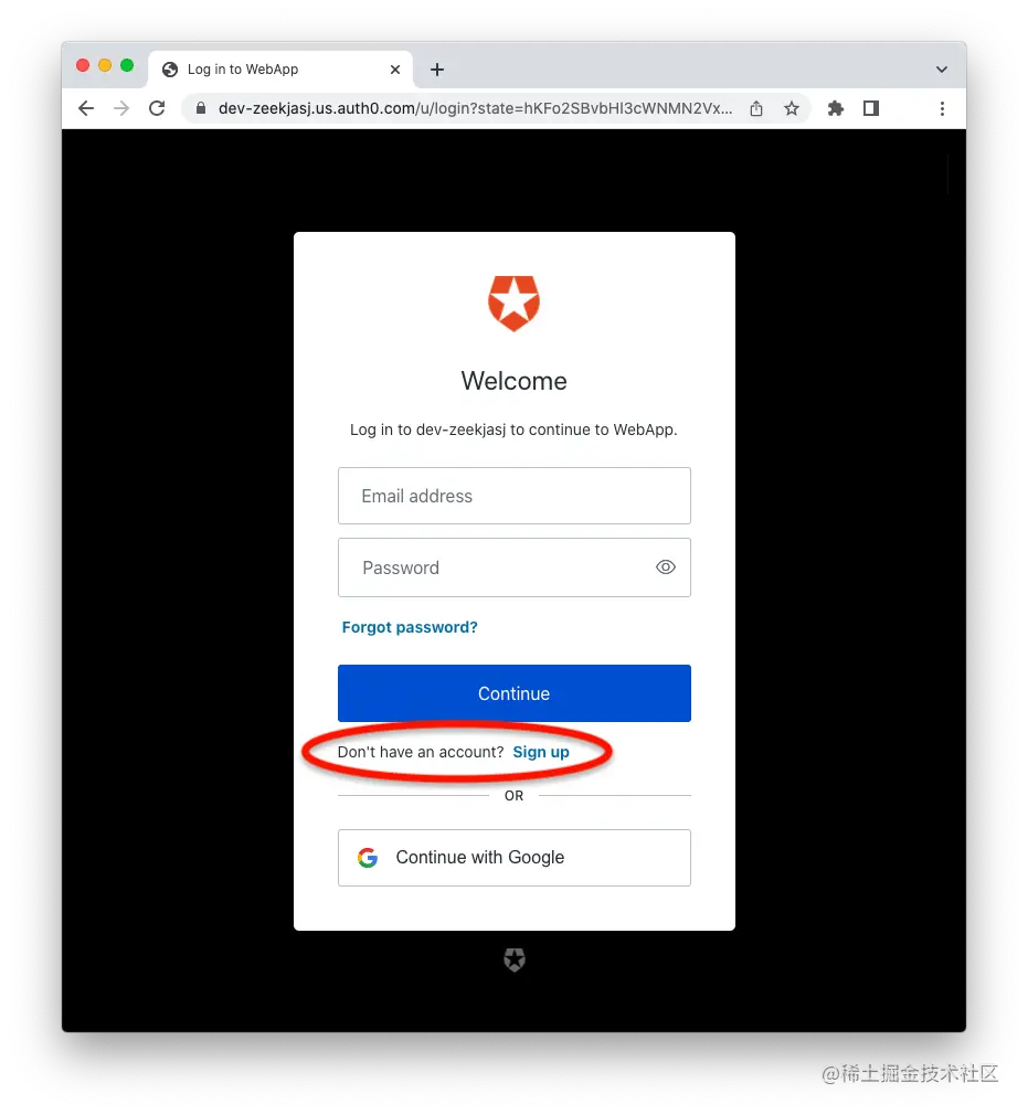 Auth0 Universal Login page with user registration