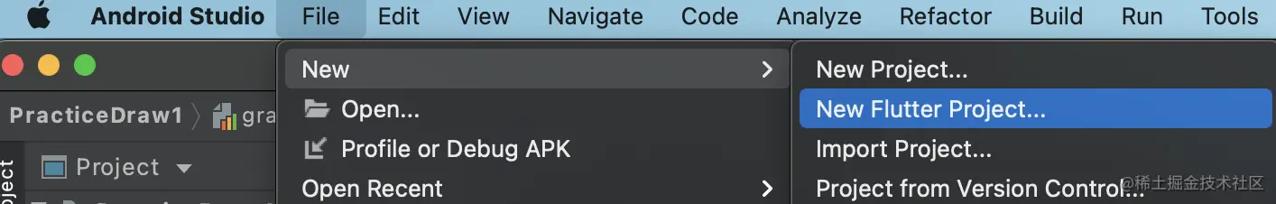 File -> New -> New Flutter Project