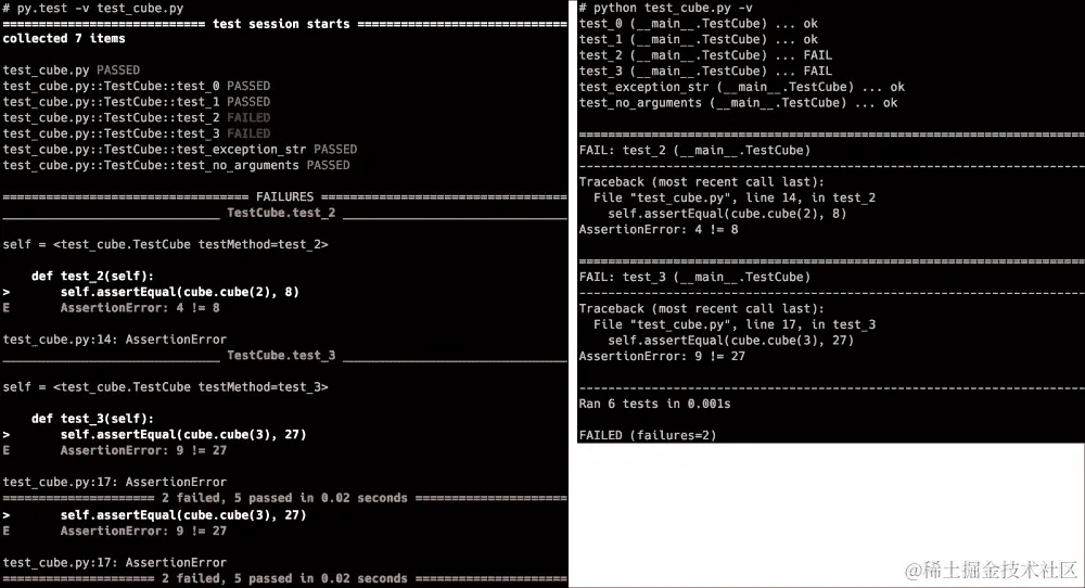 单元测试和 py.test 输出之间的区别