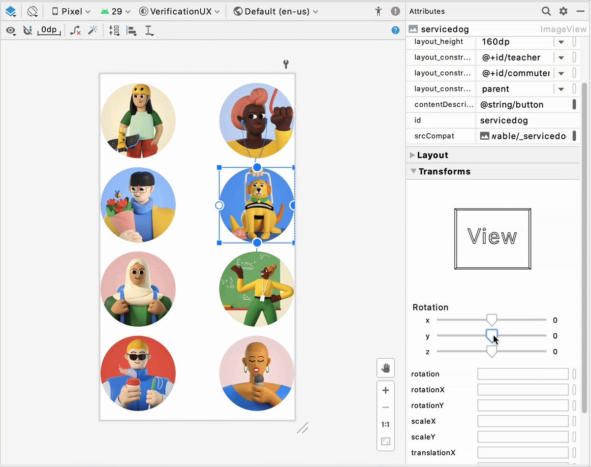 在 Transform 面板中旋转查看 service dog 图片