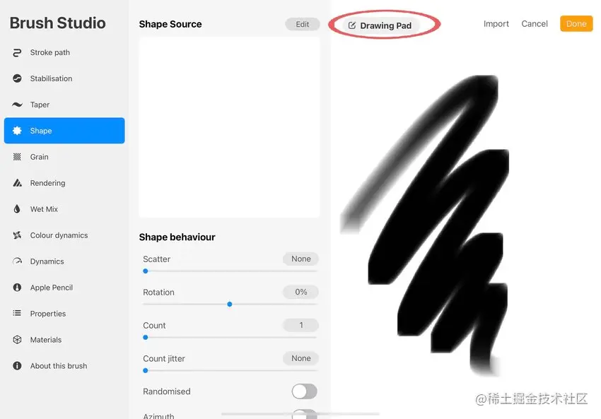 screenshot of the shape menu with drawing pad circled in red
