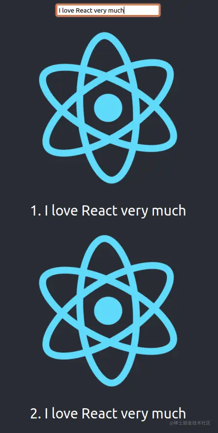 Screenshot of sample React app with searchbar that reads "I love React very much"