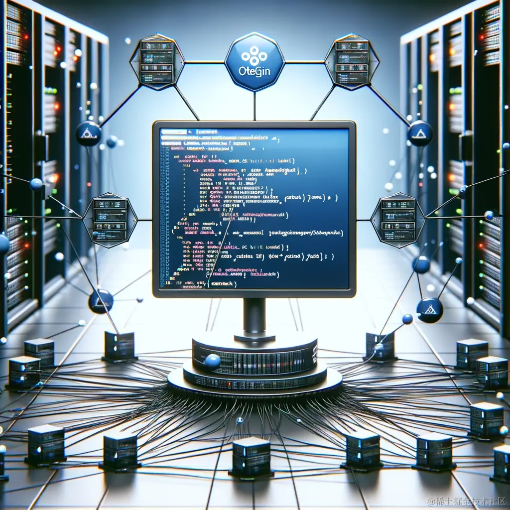 DALL·E 2023-11-30 22.25.16 - A digital illustration showing a complex network of nodes and connections, representing a distributed web application. In the center, there's a monito.png