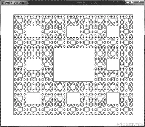 乌龟图形截图显示了 Sierpiński 地毯的一个版本，其中没有填充任何矩形。
