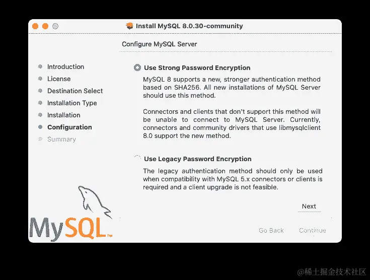 大部分内容在周围的文本中描述。安装程序将 caching_sha2_password 称为“使用强密码加密”，将 mysql_native_password 称为“使用传统密码加密”。
