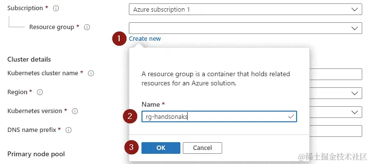 显示如何在 AKS 刀片中创建新资源组的过程。第 1 步是选择创建新链接，第 2 步是输入资源组的名称（在本例中为 rg-handsonaks），第 3 步是选择确定。
