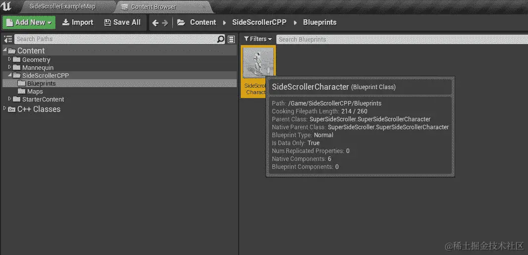 图 10.3：Content Browser 中选择的默认 SideScrollerCharacter 蓝图