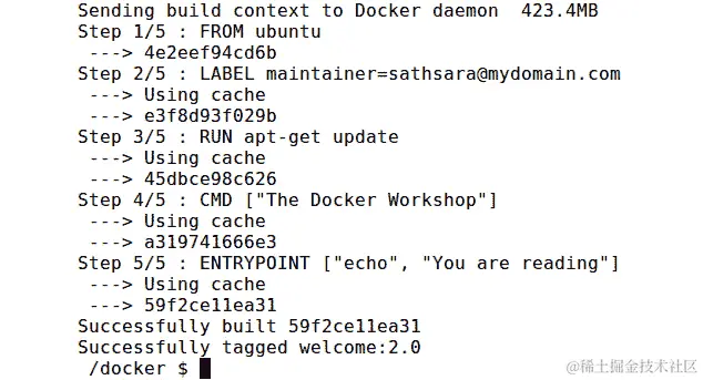 图 2.4：使用缓存构建 welcome:1.0 Docker 镜像