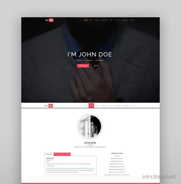 Prema - Personal Portfolio HTML One Page Template. 