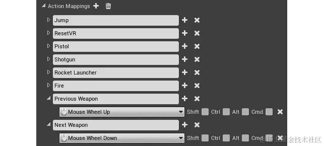 图 17.10：添加上一个武器和下一个武器绑定