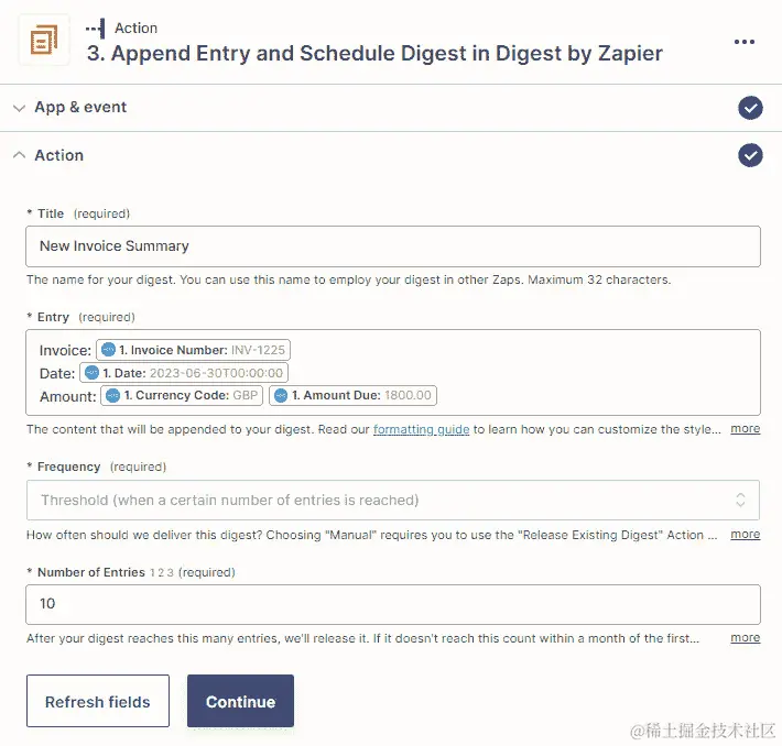 图 9.14 - ﻿自定义阈值（当达到一定数量的条目时）频率字段选项在追加条目和计划摘要动作事件中的概述