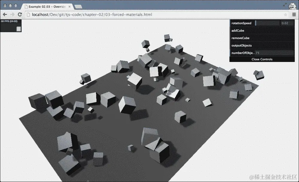 使用 overrideMaterial 属性