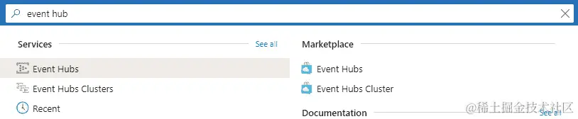 在搜索栏选项卡中，用户需要输入“事件中心”以在 Azure 门户中创建事件中心。