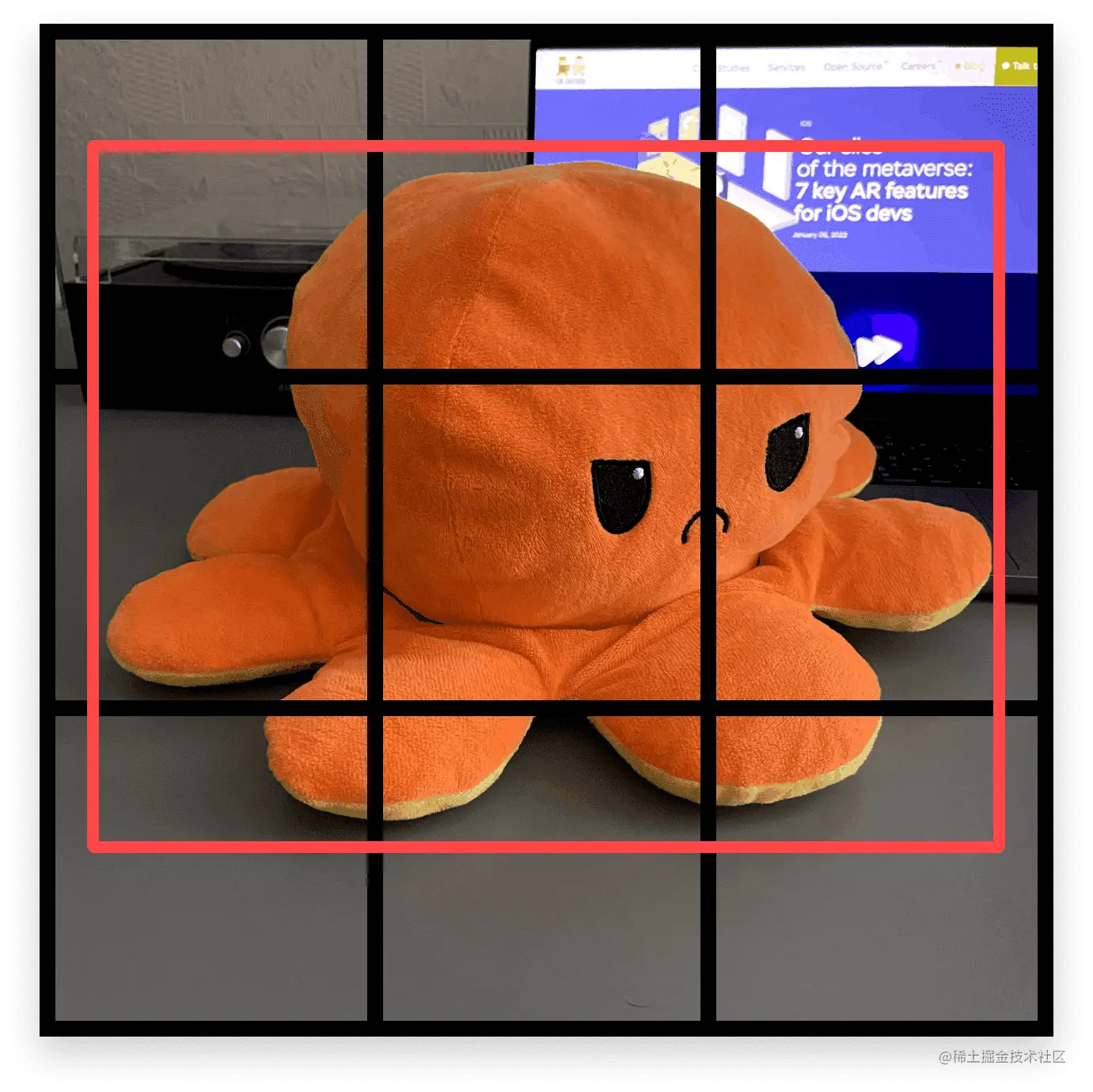 An octopush plush in a 3 by 3 grid