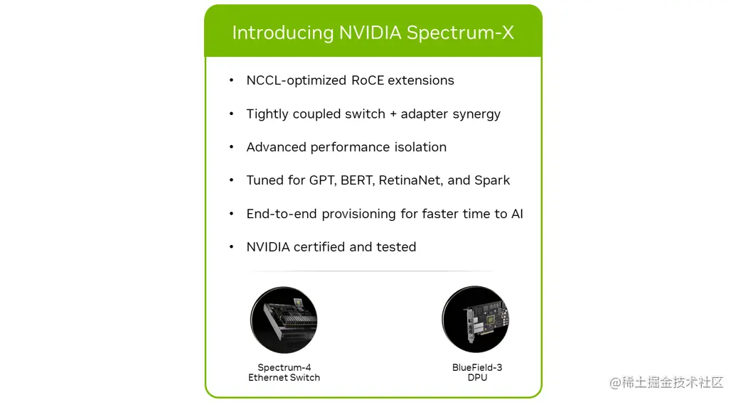 Graphic listing the benefits of NVIDIA Spectrum-X: NCCL-optimized RoCE extensions; tightly coupled switch + adapter synergy; advanced performance isolation; tuned for GPT, BERT, RetinaNet, and Spark; end-to-end provisioning for faster time to AI; NVIDIA certified and tested.