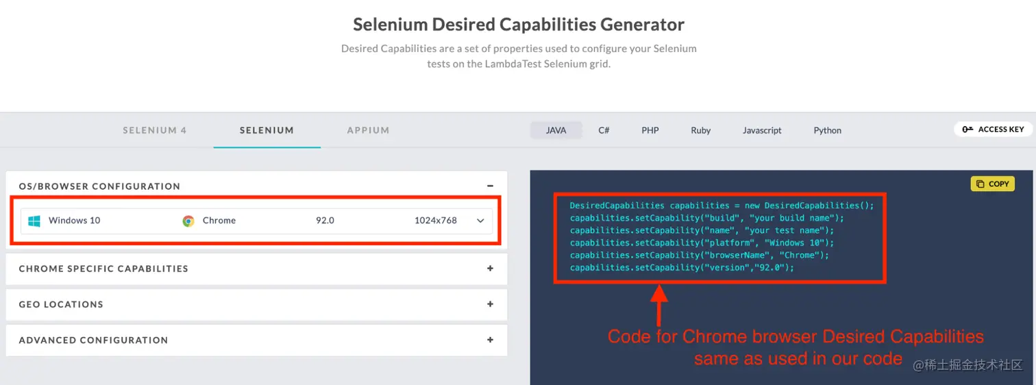 Selenium Desired Capabilities Generator