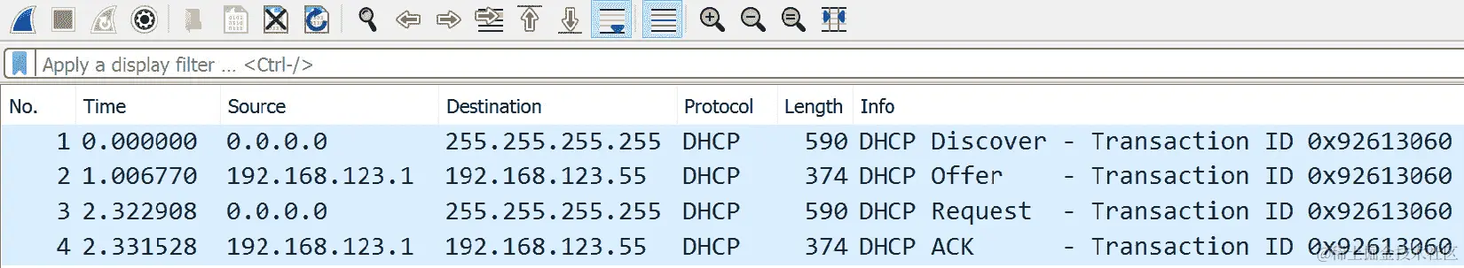 图 11.8 - 捕获的完整 DHCP“DORA”序列