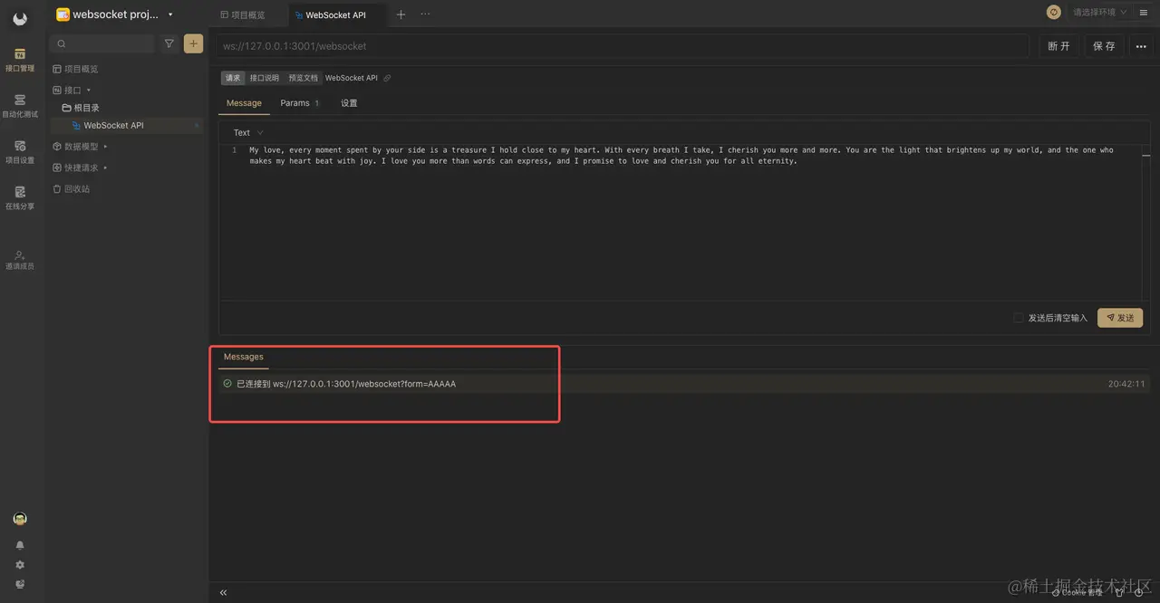 Apifox 中连接 WebSocket 服务成功