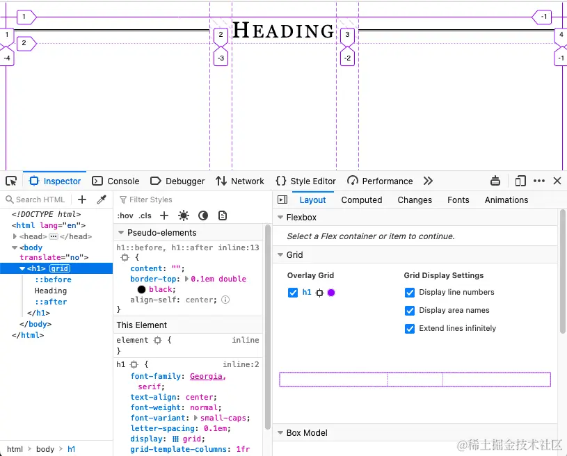 Firefox 中的开发者工具显示网格叠加层。
